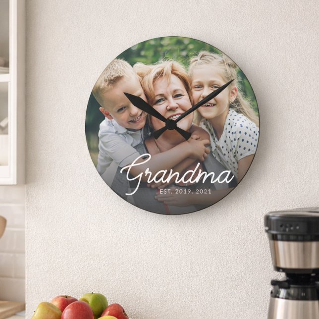 Modern Grandma Established Script Photo Round Clock (Creator Uploaded)