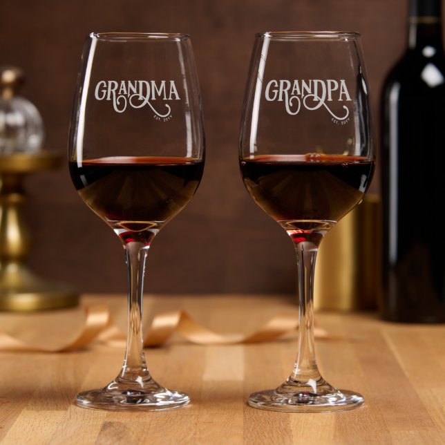 Modern Grandma Grandpa Est. Custom Grandparents Wine Glass (Party)