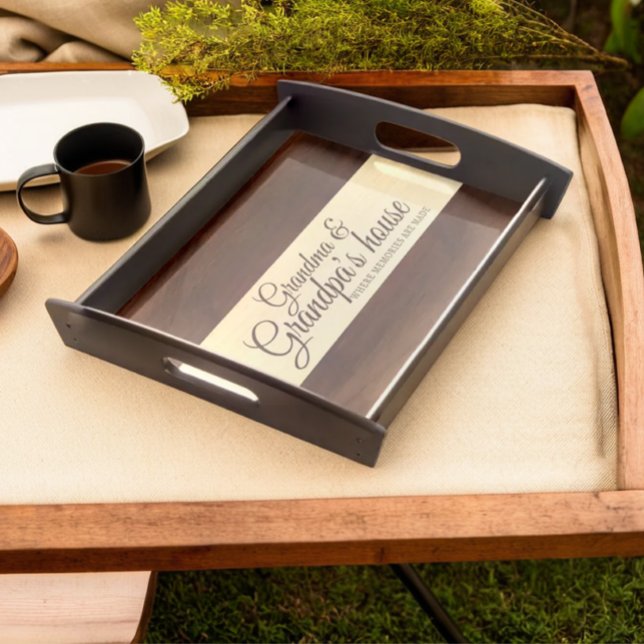Modern Grandma & Grandpa's House Wooden Black Text Serving Tray (Modern personalized grandma and grandpa's house wooden texture serving tray)