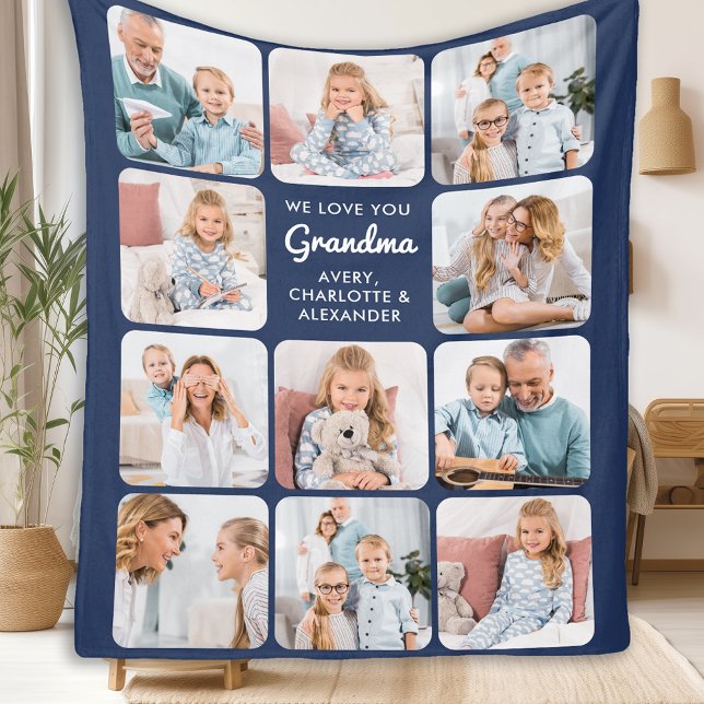 Modern Grandma Navy Blue Custom 11 Photo Collage Fleece Blanket (Creator Uploaded)