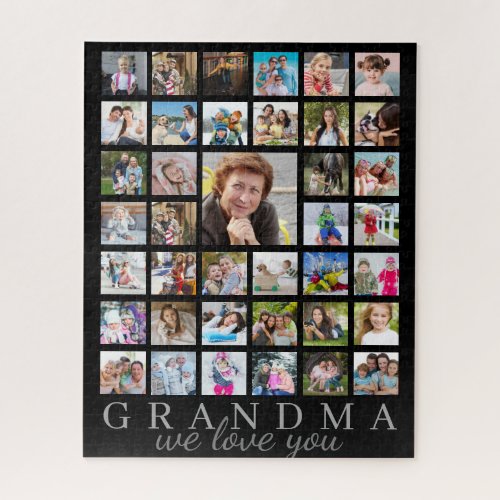 Modern GRANDMA Photo Collage Script Message Black Jigsaw Puzzle