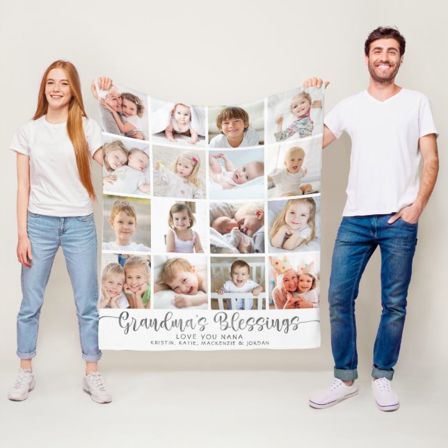 Modern Grandmas Blessings 16 Photos White Gray Fleece Blanket (In Situ)