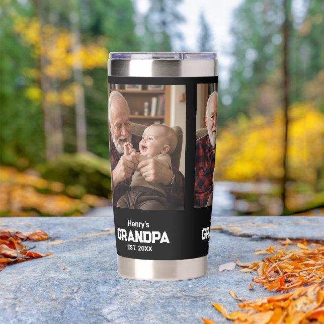 Modern Grandpa Est. Name Year 3 Photo Insulated Tumbler (Outdoor (Rotated))
