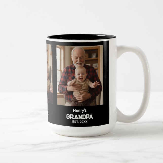 Modern Grandpa Est. Name Year 3 Photo Two-Tone Coffee Mug (Right)