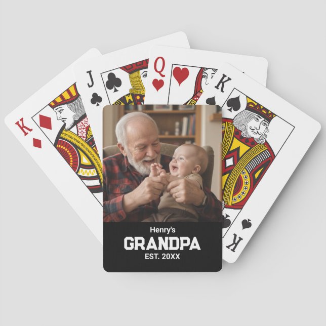 Modern Grandpa Est. Name Year Photo Black Poker Cards (Back)