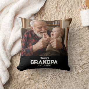 Modern Grandpa Est. Name Year Photo Black Throw Pillow