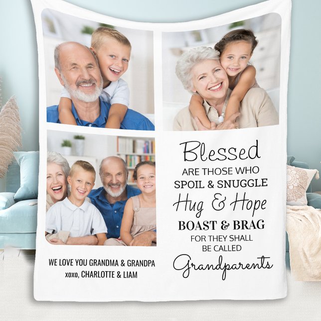 Modern Grandparents Grandchildren Custom 3 Picture Fleece Blanket (Creator Uploaded)
