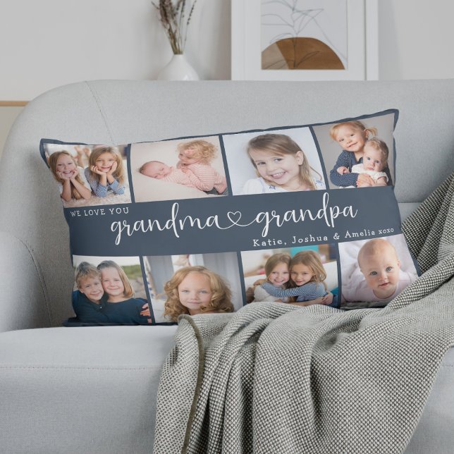 Modern Grandparents Photo Collage Heart Script Lumbar Pillow (Creator Uploaded)