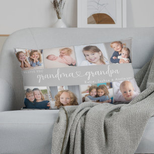Modern Grandparents Photo Collage Heart Script Lumbar Pillow
