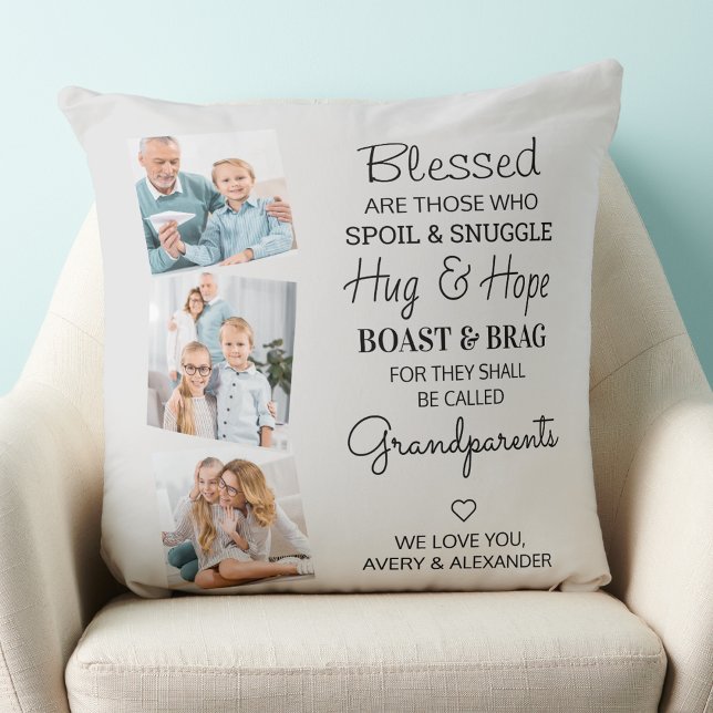 Modern Grandparents Poem 3 Photo Silver Gray Throw Pillow (Creator Uploaded)