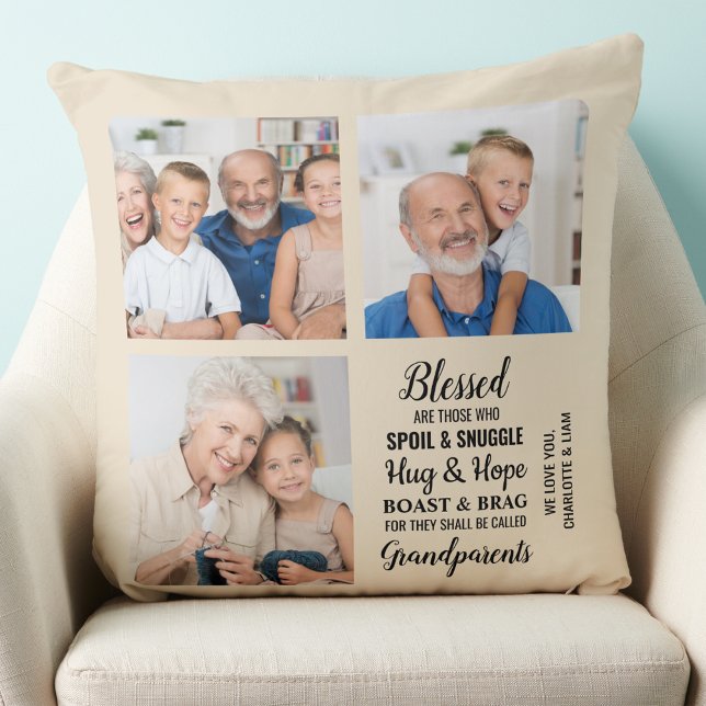 Modern Grandparents Poem Custom 3 Photo Collage Throw Pillow (Creator Uploaded)