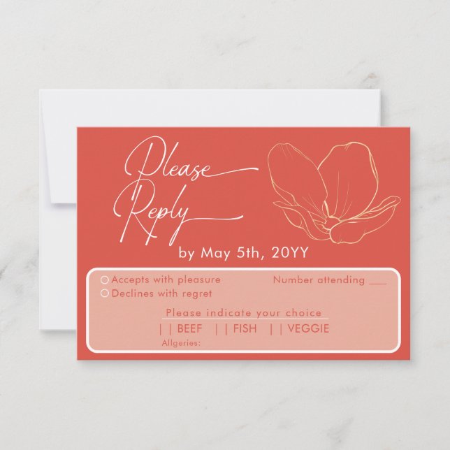 Modern grapefruit red Attendance & Meal Choice RSVP Card (Front)