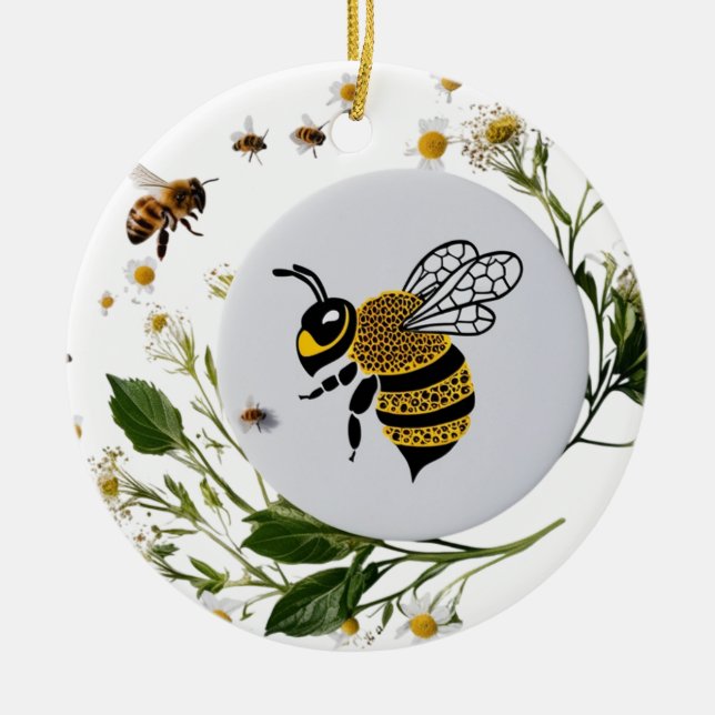 Modern Graphic Bee Botanical Wreath Ceramic Circle Ornament (Front)