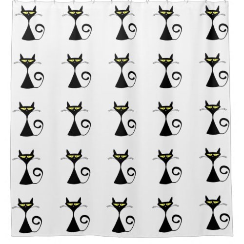 Modern Graphic Black Cat Yellow Eyes Custom Color Shower Curtain