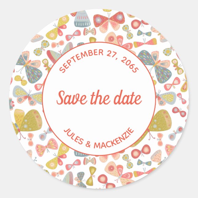 Modern Graphic Butterfly Pattern Save the Date Classic Round Sticker (Front)