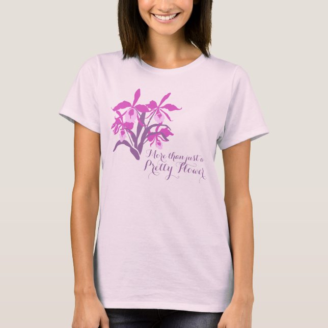 Modern graphic cattleya style orchid slogan tee (Front)