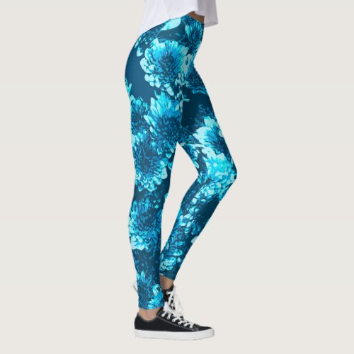 Modern Graphic Dahlia Flowers Indigo Blue Leggings