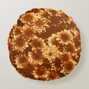 Modern Graphic Dahlia Pattern,Brown and Gold Round Pillow