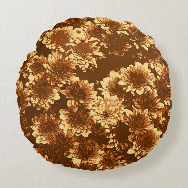 Modern Graphic Dahlia Pattern,Brown and Gold Round Pillow (Front)