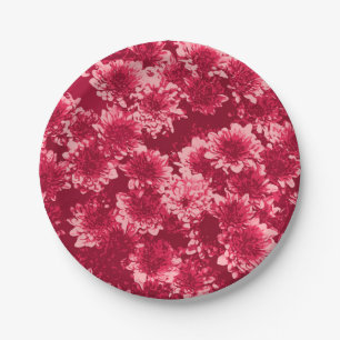 Modern Graphic Dahlia Pattern, Burgundy and Pink Paper Plates