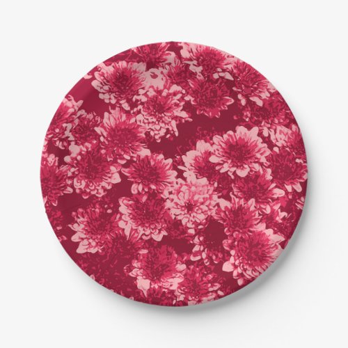 Modern Graphic Dahlia Pattern Burgundy and Pink Paper Plates