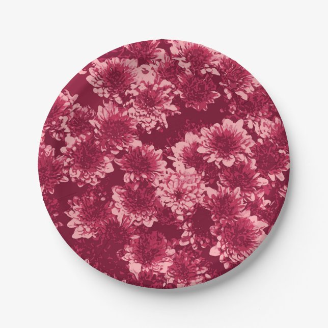 Modern Graphic Dahlia Pattern, Burgundy and Pink Paper Plates (Front)
