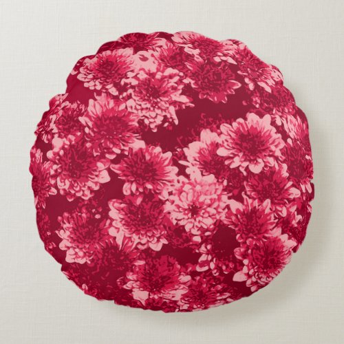 Modern Graphic Dahlia Pattern Burgundy and Pink Round Pillow