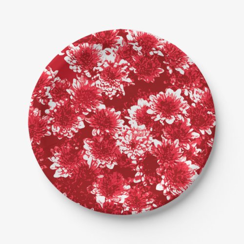 Modern Graphic Dahlia Pattern Dark Red and White Paper Plates