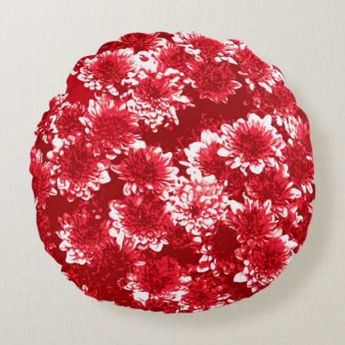 Modern Graphic Dahlia Pattern Dark Red and White Round Pillow