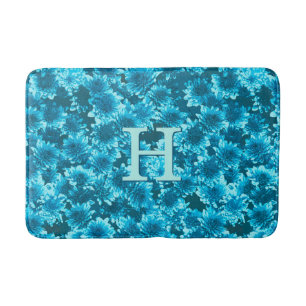 Modern Graphic Dahlia Pattern, Indigo Blue Bathroom Mat