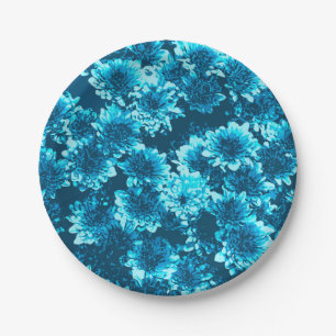 Modern Graphic Dahlia Pattern, Indigo Blue Paper Plates