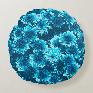 Modern Graphic Dahlia Pattern, Indigo Blue Round Pillow