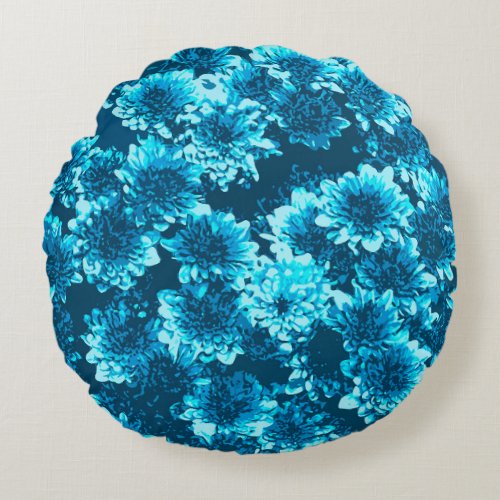 Modern Graphic Dahlia Pattern Indigo Blue Round Pillow