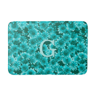 Modern Graphic Dahlia Pattern, Teal and Aqua Bathroom Mat