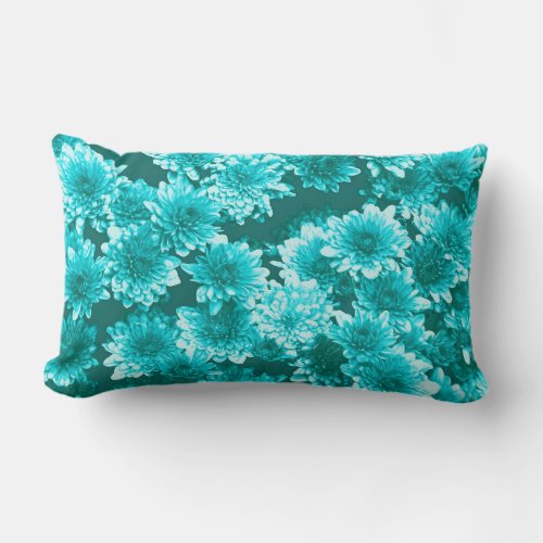 Modern Graphic Dahlia Pattern Teal and Aqua Lumbar Pillow