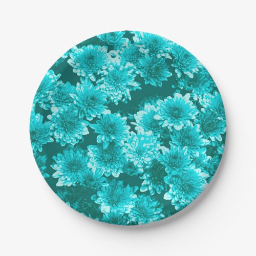 Modern Graphic Dahlia Pattern Teal and Aqua Paper Plates