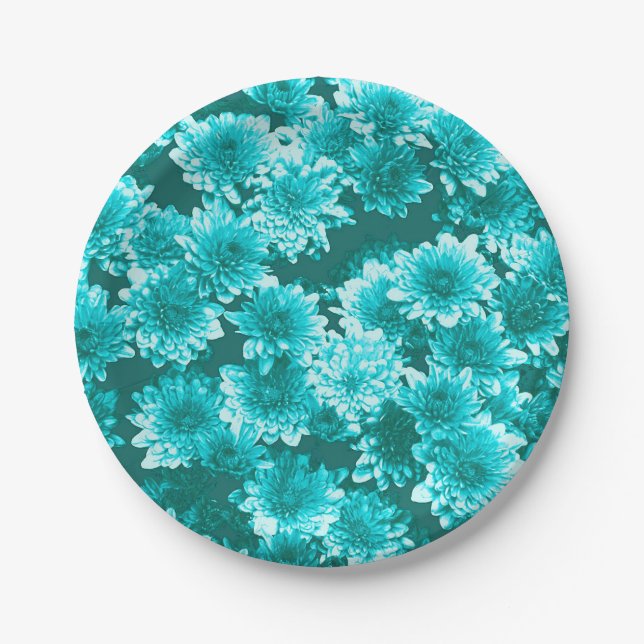 Modern Graphic Dahlia Pattern, Teal and Aqua Paper Plates (Front)