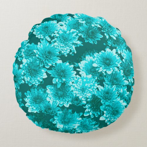 Modern Graphic Dahlia Pattern Teal and Aqua Round Pillow