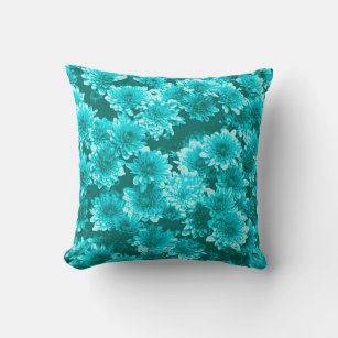 Modern Graphic Dahlia Pattern, Teal and Aqua Throw Pillow