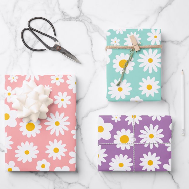 Modern Graphic Daisy Pink Blue & Purple Pastel Wrapping Paper Sheets (Front)