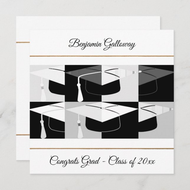 Modern Graphic Graduation Cap Black & White Flat  Card (Front/Back)