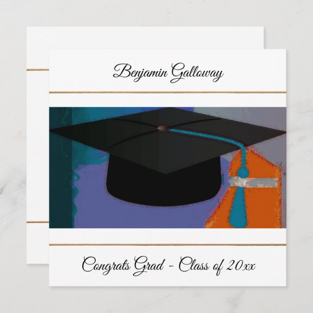 Modern Graphic Graduation Cap Purple Gold Flat Card (Front/Back)