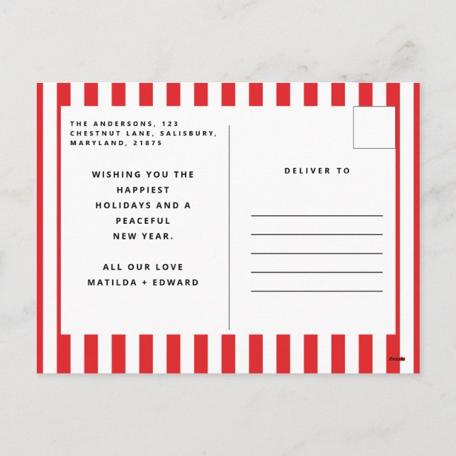 Modern graphic minimal Christmas red and white Holiday Postcard (Back)