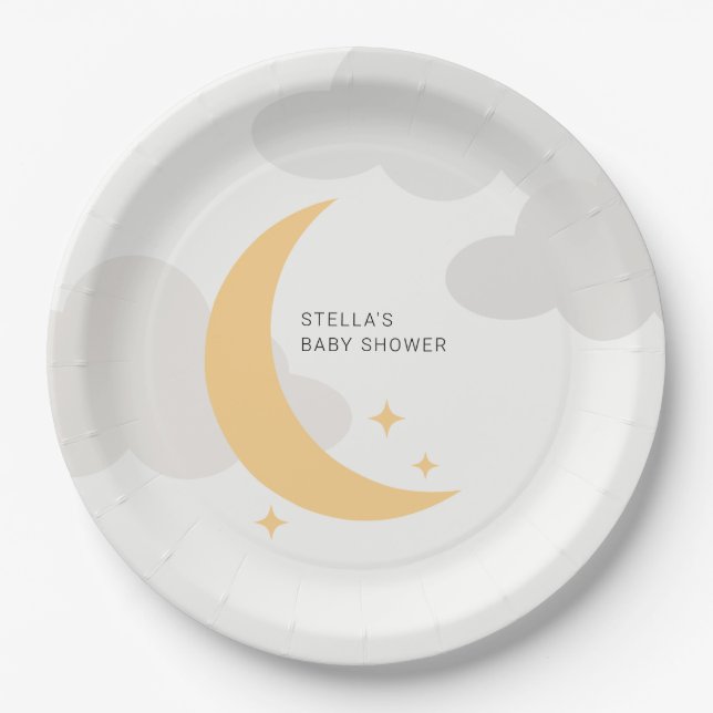 Modern Graphic Moon Stars Clouds Baby Shower Paper Plates (Front)