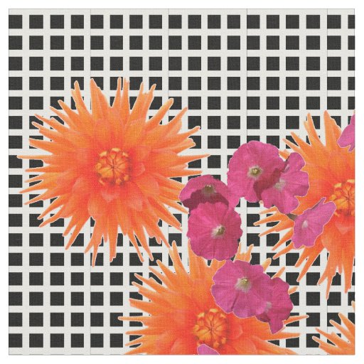 Modern Graphic Pink Orange Flowers Check Fabric