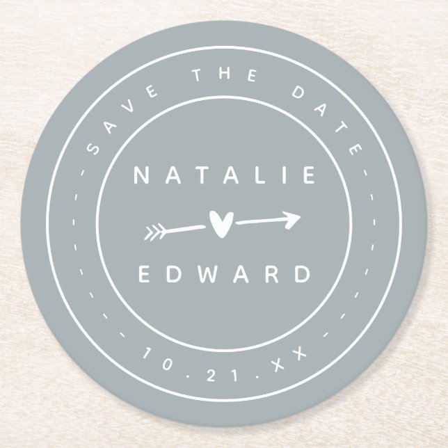 Modern, graphic save the date round paper coaster (Front)