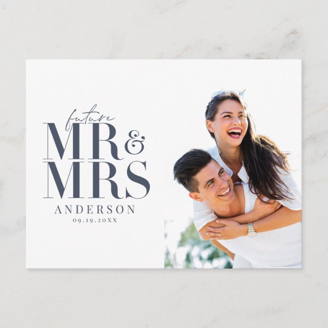 Modern, graphic, typographic photo save the date postcard (Front)