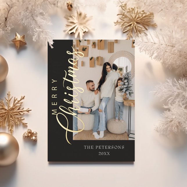 Modern Graphite Grey Foil Photo Christmas Card (Modern Graphite Grey Photo Christmas Greeting Foil Holiday Card with golden Christmas decoration.)