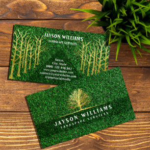 Modern Grass Texture Business Card with Gold Tree