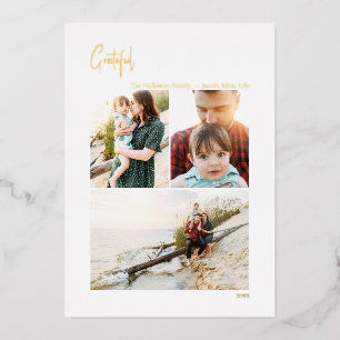 Modern Grateful Christmas Vertical 3 Photo Gold Foil Holiday Card